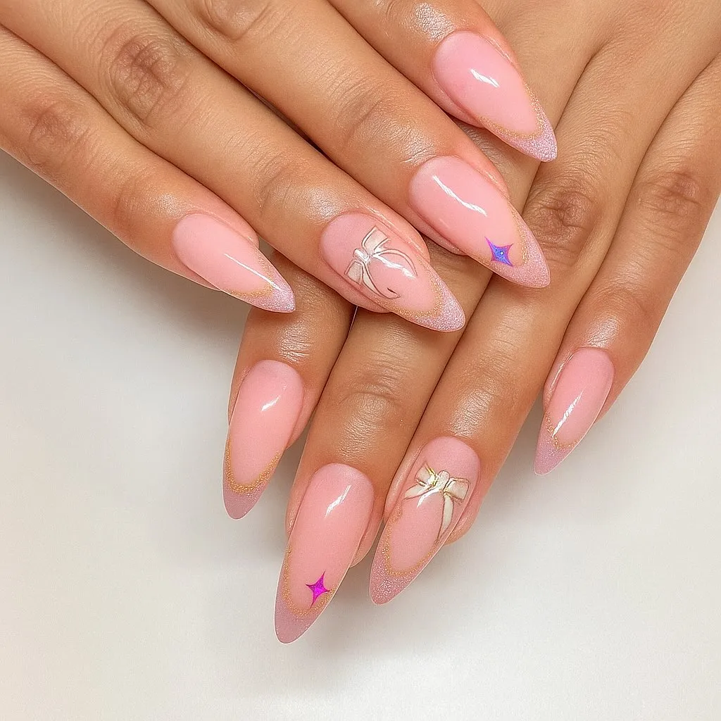 Uñas almendradas en rosa con lazos de nail art